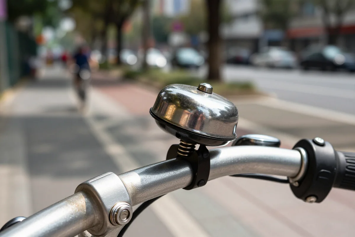 Zbliżenie na dzwonek rowerowy na kierownicy roweru miejskiego