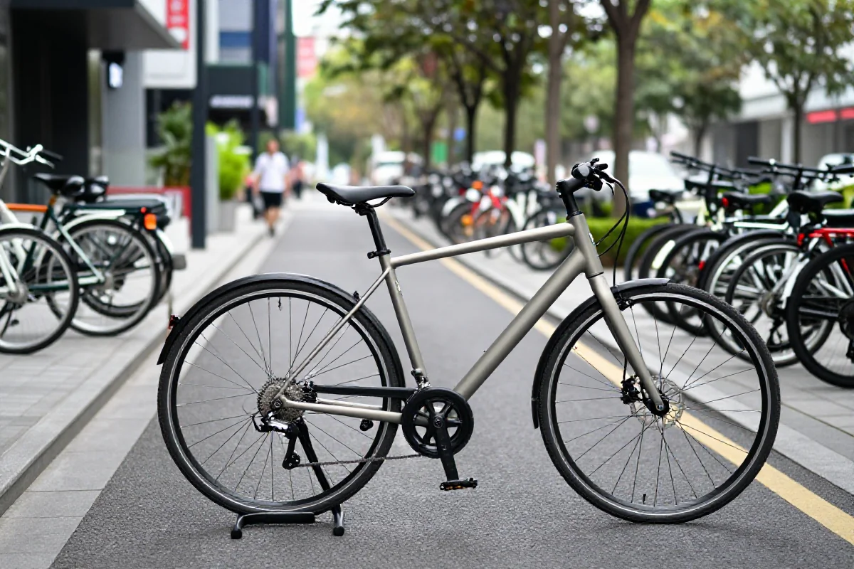 Nowoczesna ulica z rowerami miejskimi w tle i infrastrukturą rowerową.