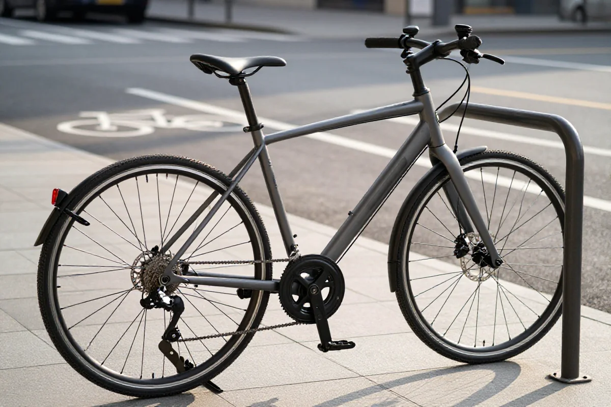 Rower miejski z nowoczesnymi komponentami w miejskim otoczeniu