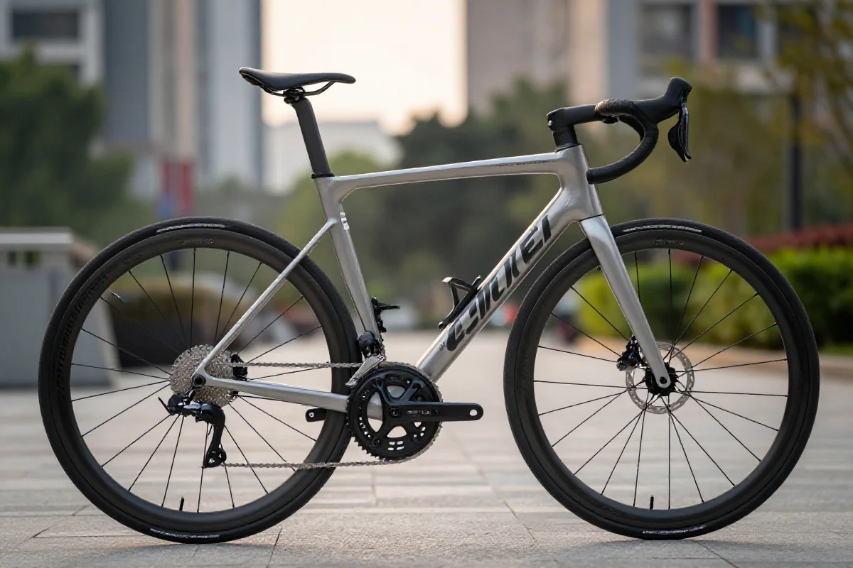 Nowoczesny rower szosowy z aluminium na miejskim tle, idealny dla początkujących.