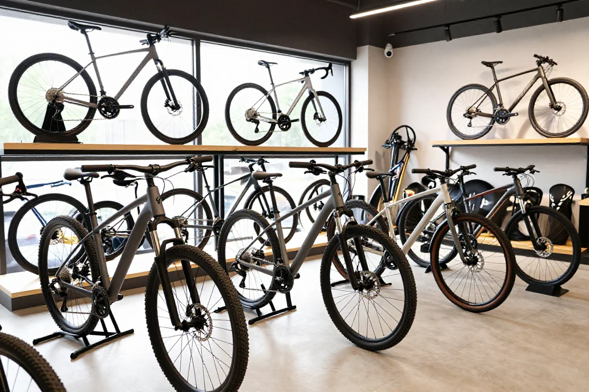 Sklep rowerowy z różnymi modelami rowerów górskich i akcesoriami