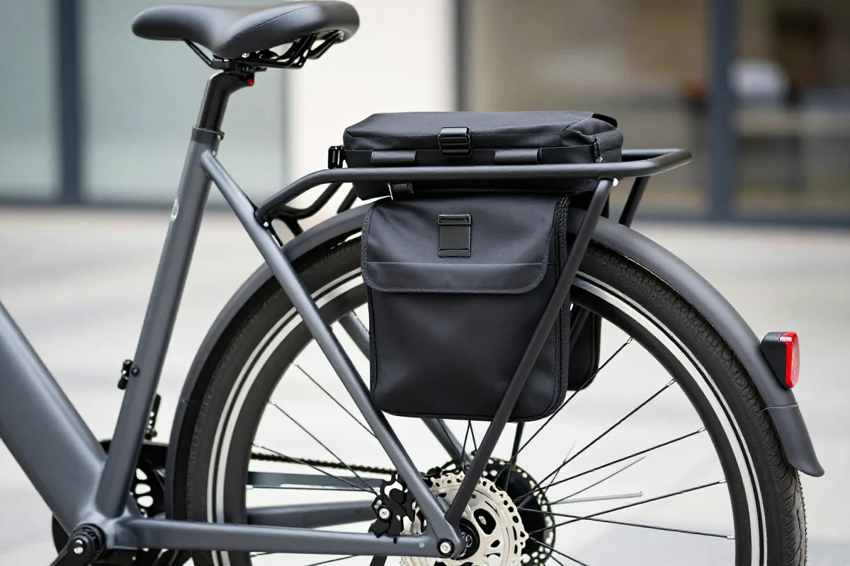 Nowoczesny system bagażowy na rower elektryczny w miejskim otoczeniu.