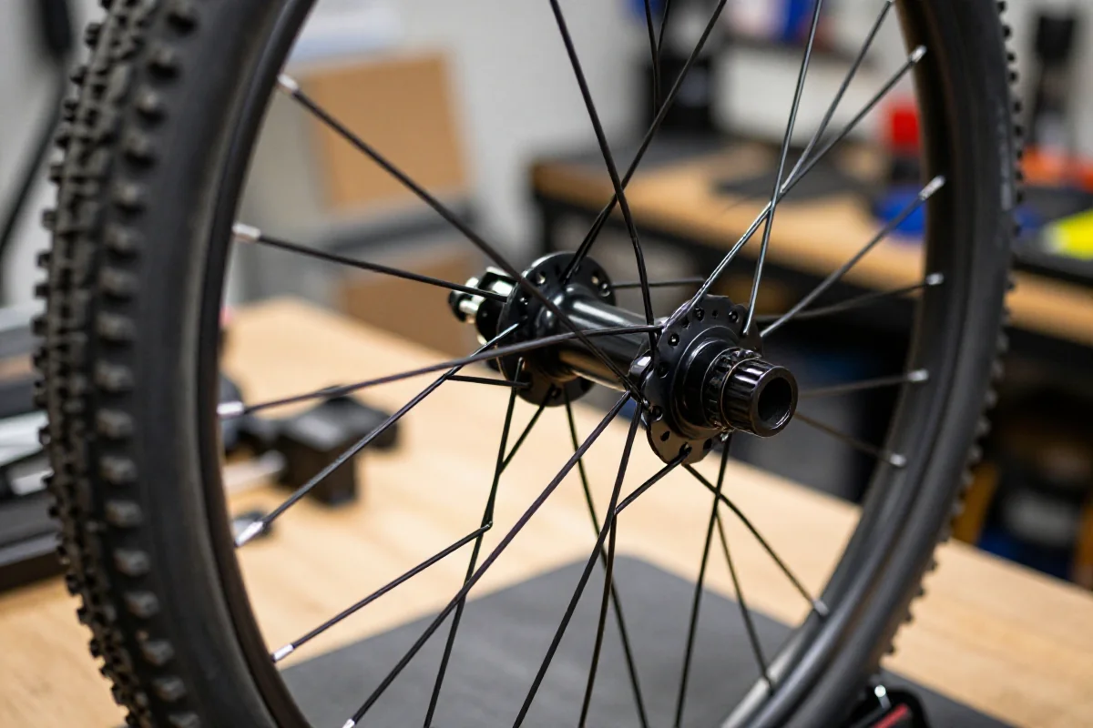 Wycentrowane koło MTB na stole warsztatowym, z widocznymi szprychami i piastą.