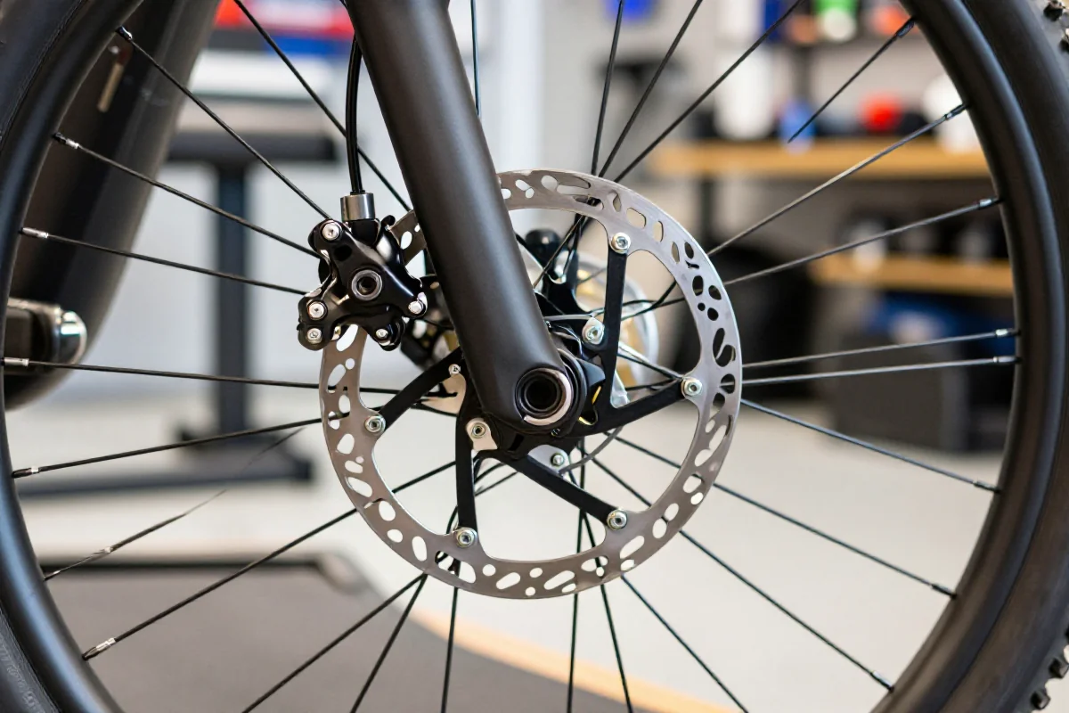 Zbliżenie na system hamulcowy tarczowy roweru górskiego w warsztacie