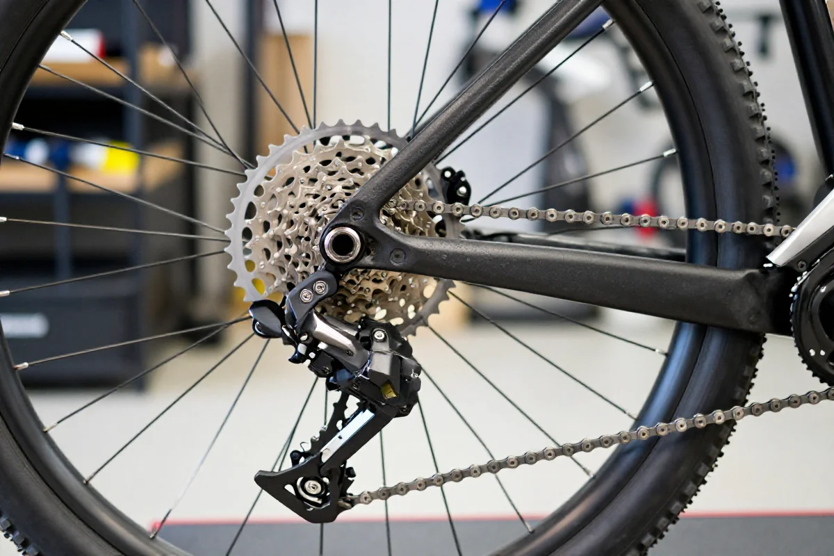 Czysty napęd MTB z łańcuchem i przerzutkami w oświetlonym warsztacie.