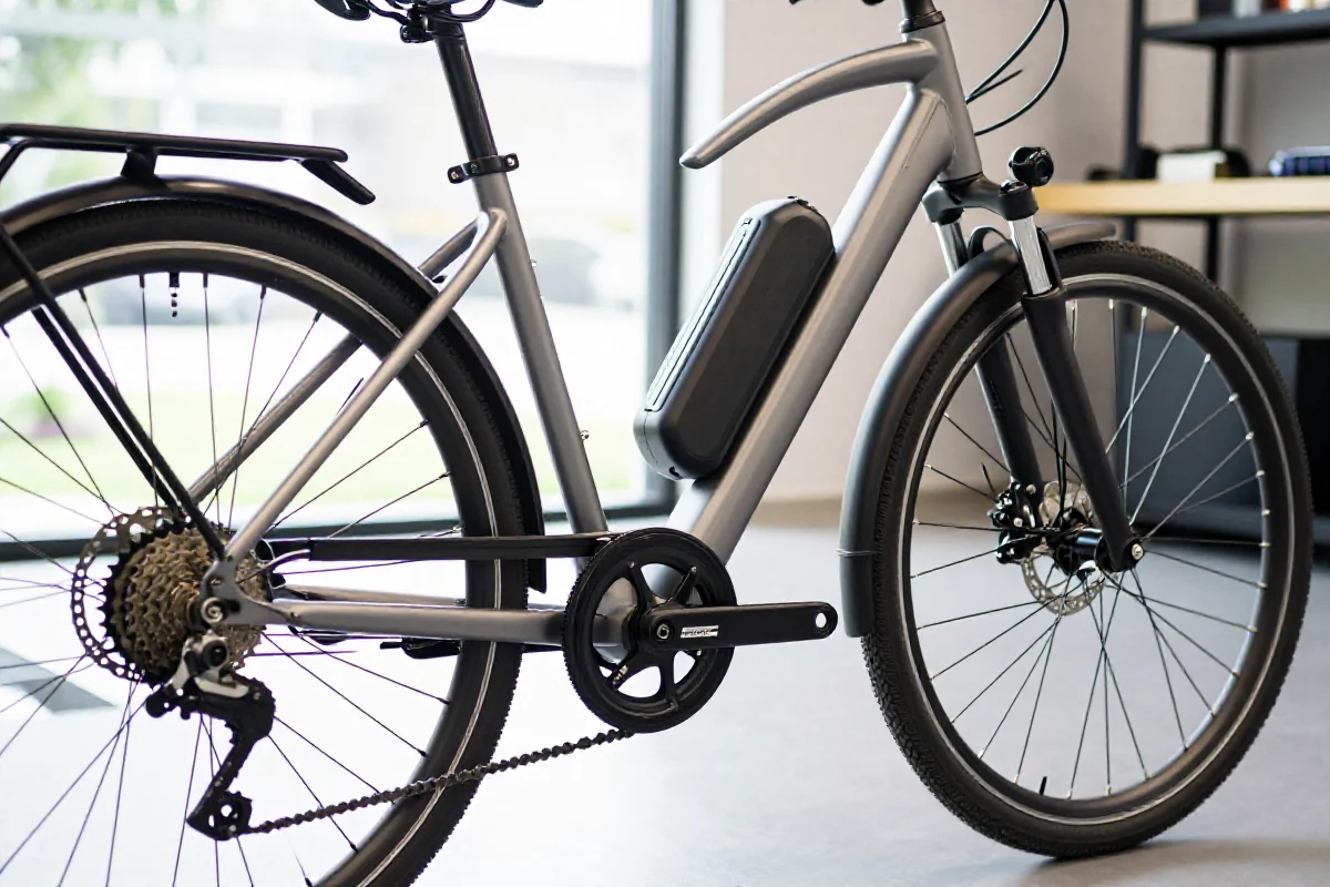 Szczegółowe zdjęcie elektrycznego roweru w warsztacie, ukazujące komponenty rowerowe.