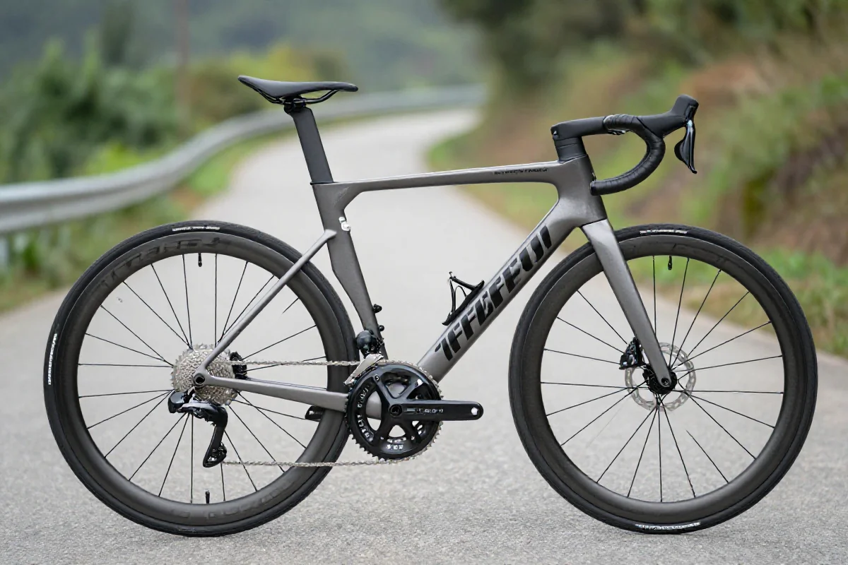 Szybki rower szosowy na tle malowniczej trasy rowerowej.