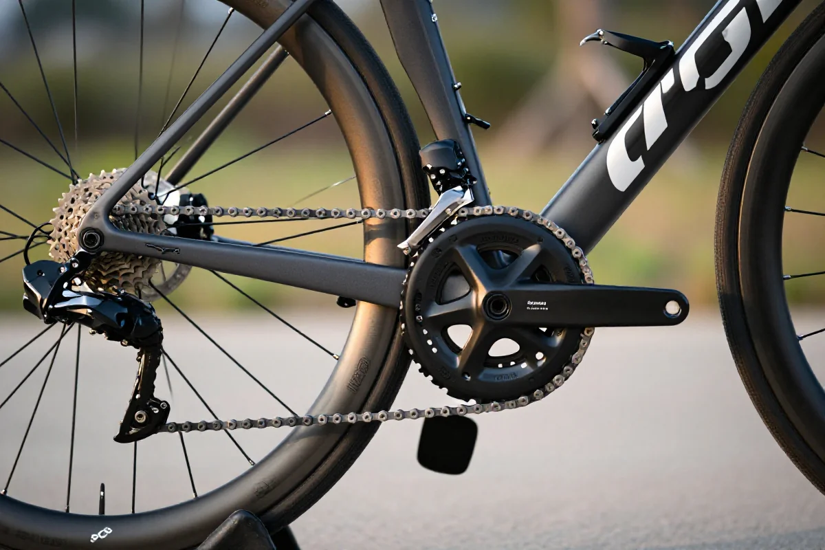 Szczegółowe zdjęcie roweru szosowego z zaawansowanymi komponentami rowerowymi.