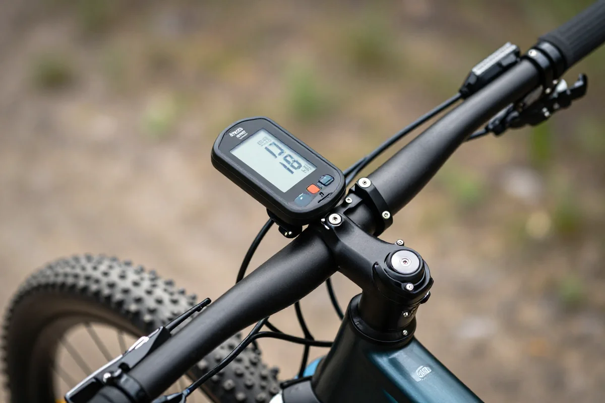 Miernik mocy i pulsometr na kierownicy roweru górskiego w naturalnym otoczeniu.