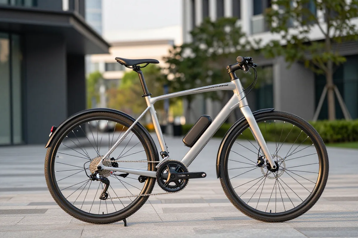 S-pedelec w nowoczesnym otoczeniu miejskim, podkreślający detale roweru elektrycznego.