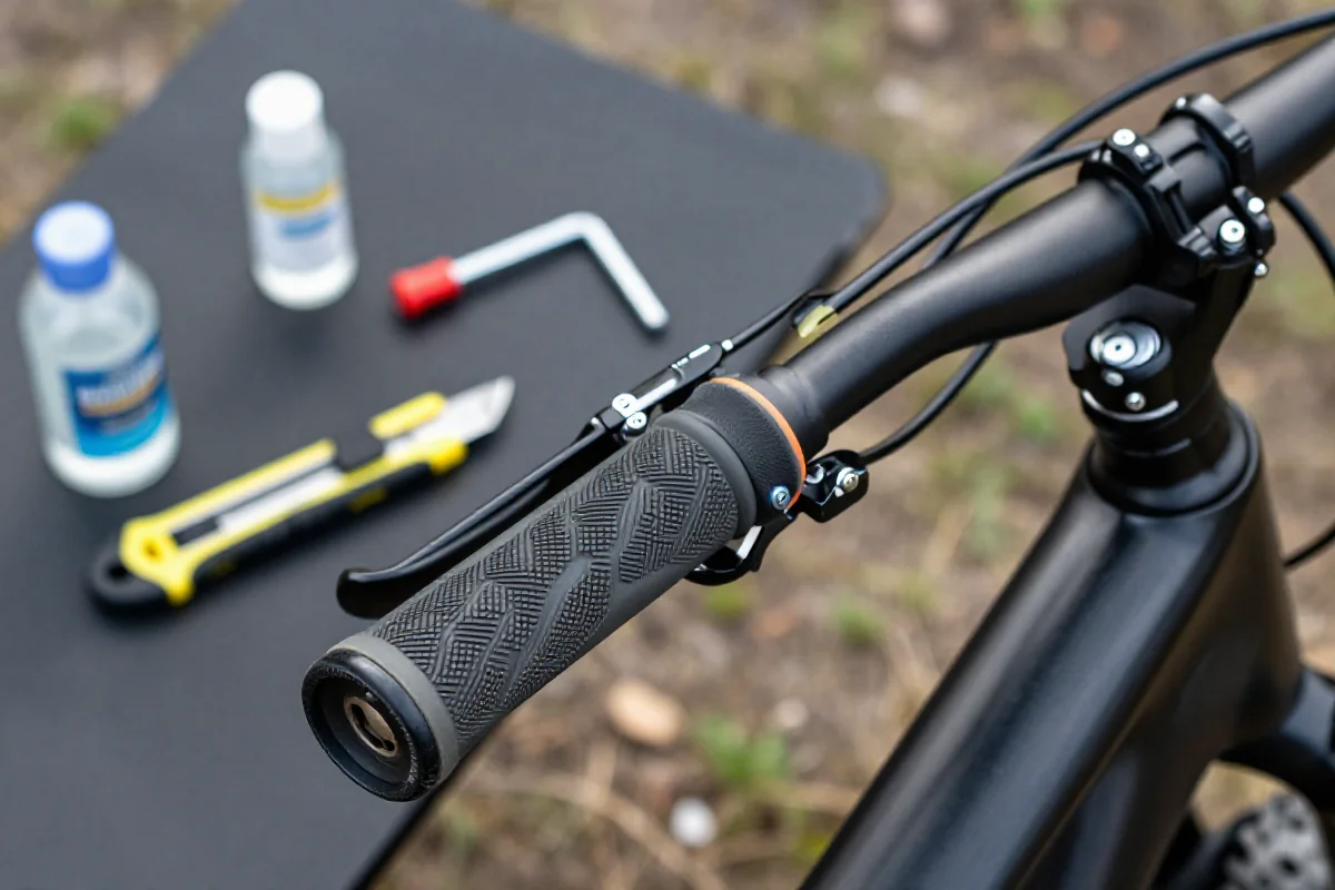 Wymiana gripów w rowerze górskim, narzędzia i nowe gripy na kierownicy.