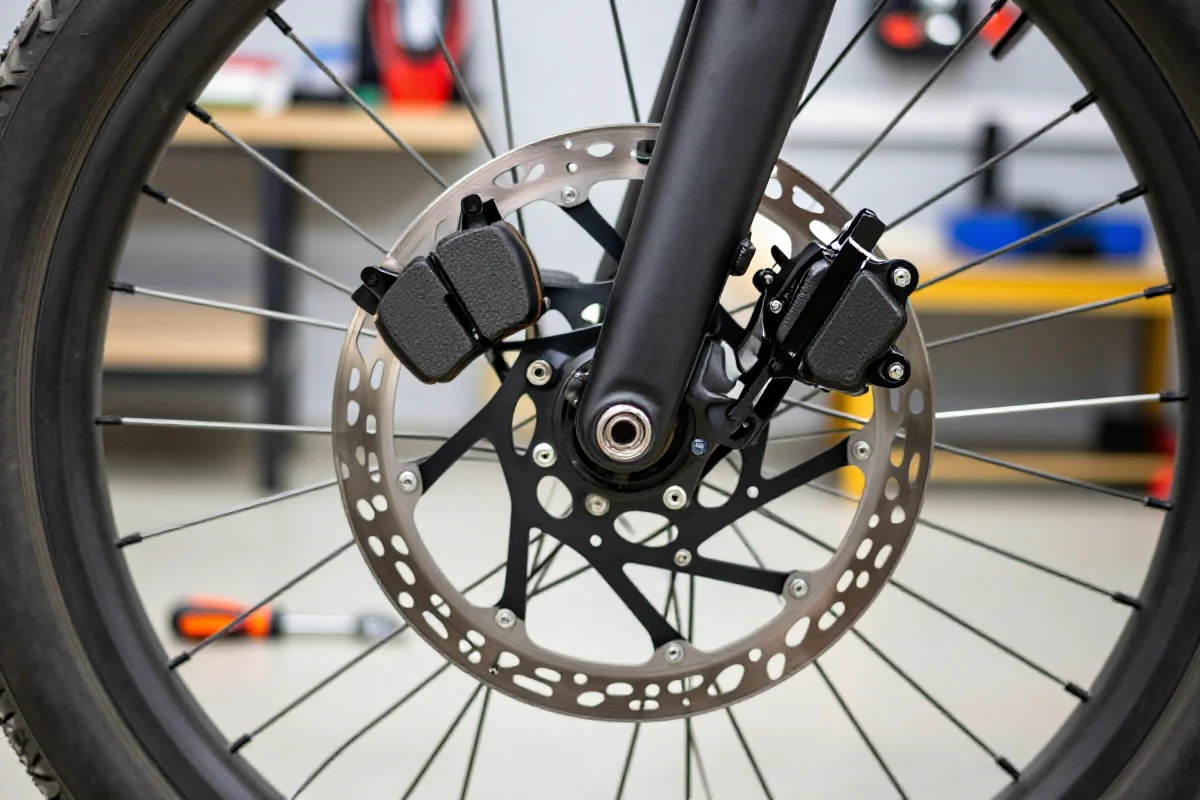 Zbliżenie na system hamulcowy e-roweru z tarczą i klockami hamulcowymi.