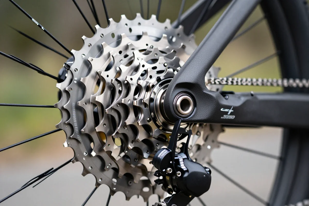 Zbliżenie na kasetę roweru górskiego, ukazujące zęby i rampy systemu HyperGlide.