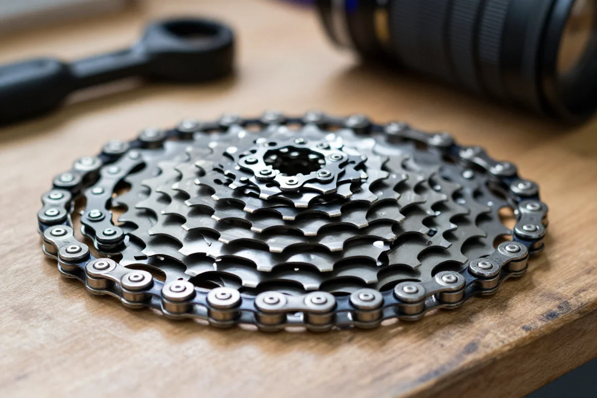 Zbliżenie nowego łańcucha Shimano 11s na drewnianym stole warsztatowym.