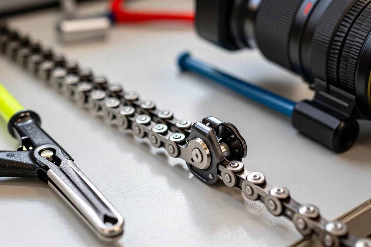 Zbliżenie łańcucha rowerowego z mechanizmem Quick Link na warsztacie