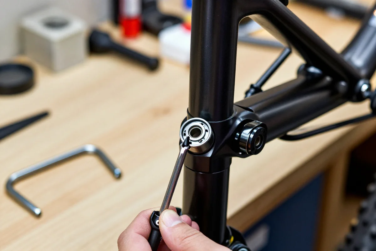 Wymiana łożysk steru w rowerze MTB w warsztacie, narzędzia i detale