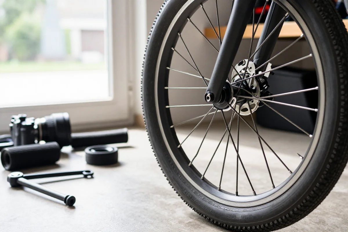 Zdjęcie z bliska rowerowego koła i narzędzi do wymiany opony.