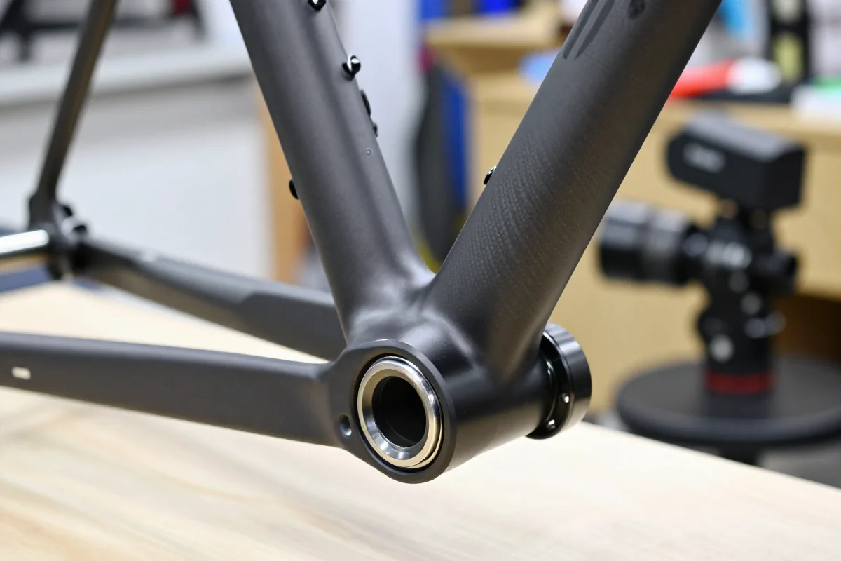 Szczegółowy widok na system suportu PressFit BB30 w ramie roweru.