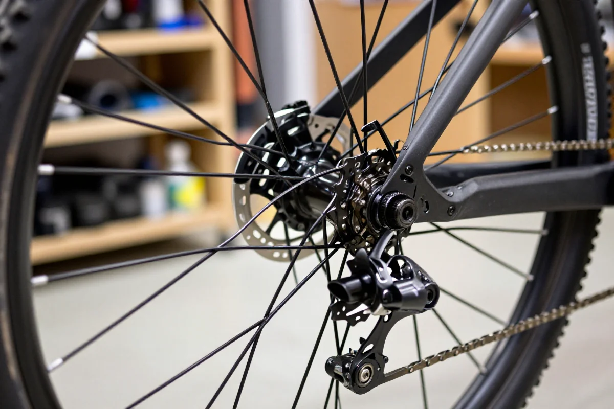 Zbliżenie na tylne koło roweru górskiego z wymienianą szprychą.