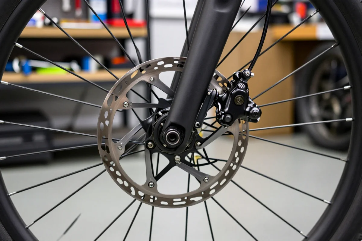 Szczegółowy widok hamulców tarczowych w e-rowerze, przedstawiający ich komponenty.