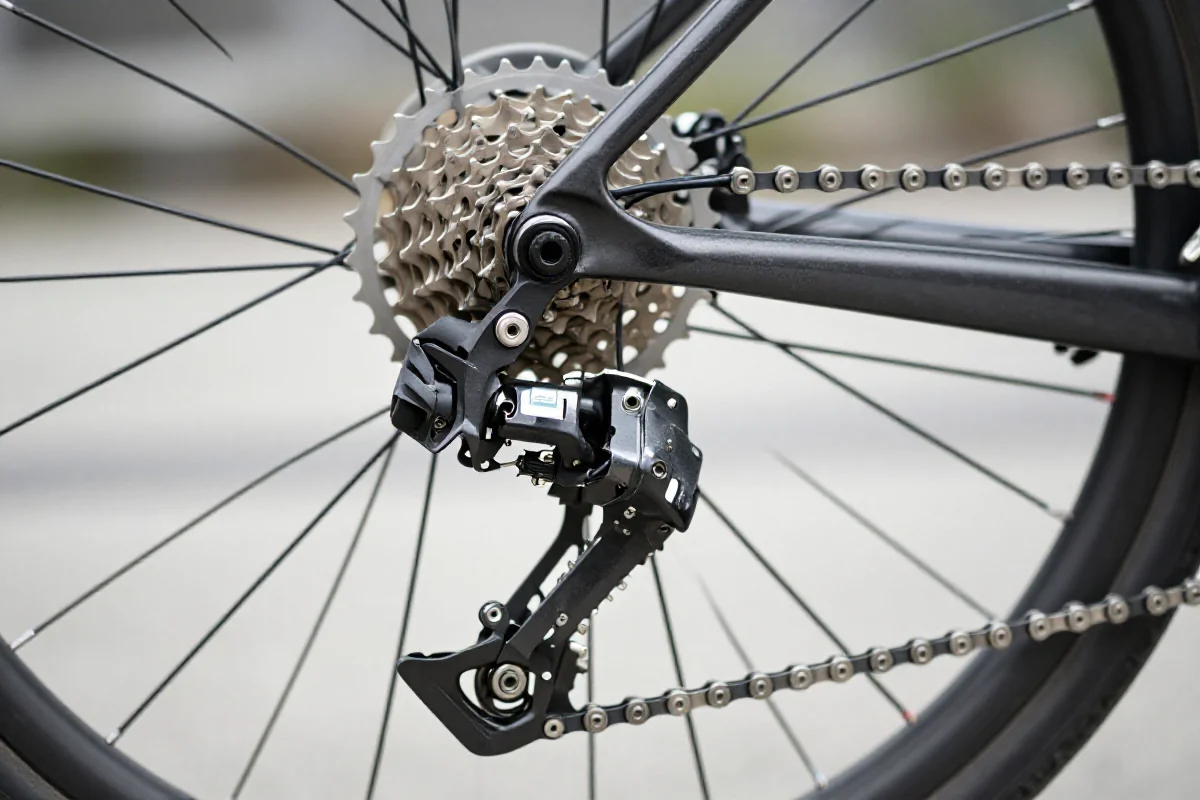 Widok na przerzutkę tylną roweru, kluczowy element regulacji napędu.