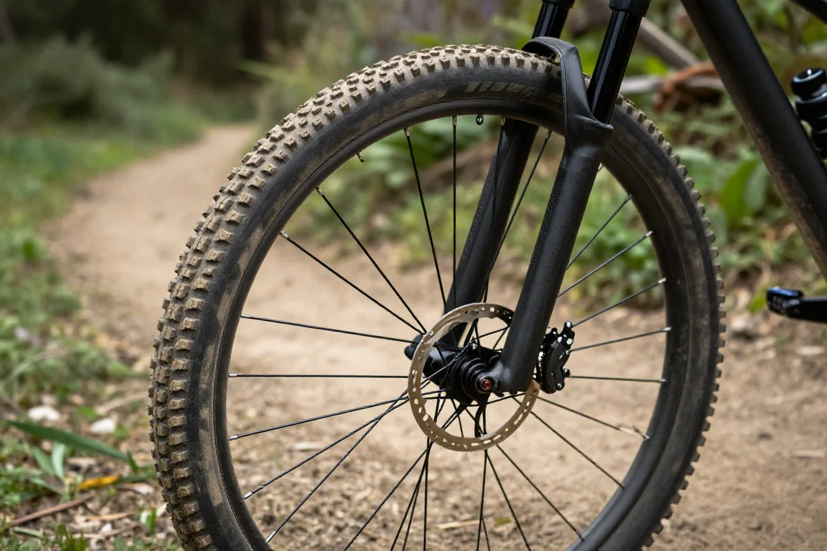 Szczegółowe zdjęcie koła roweru górskiego na trasie MTB