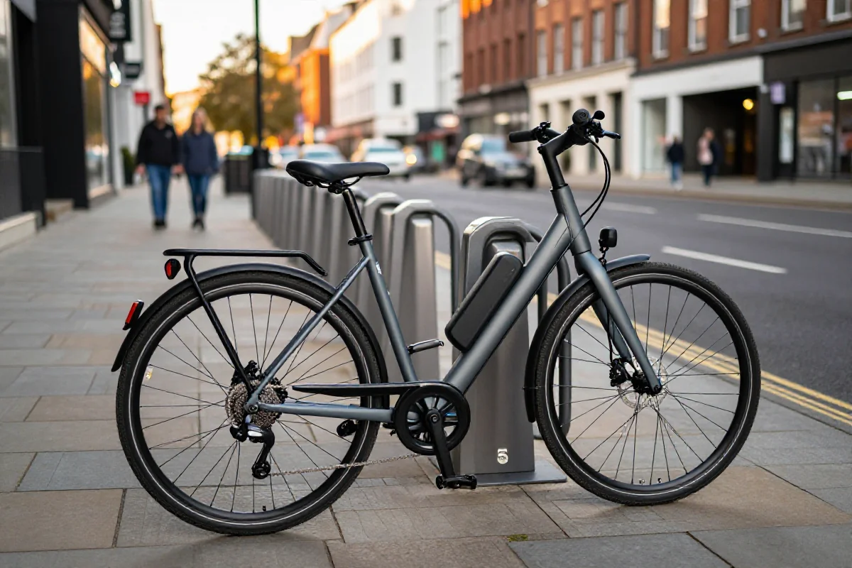Bezpieczne parkowanie roweru elektrycznego na ulicy w miejskiej scenerii.