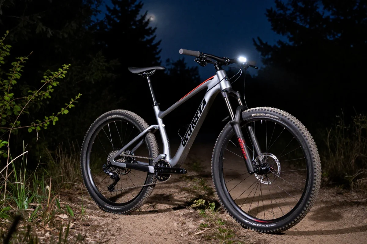Rower górski z oświetleniem, idealny do nocnej jazdy MTB w lesie.