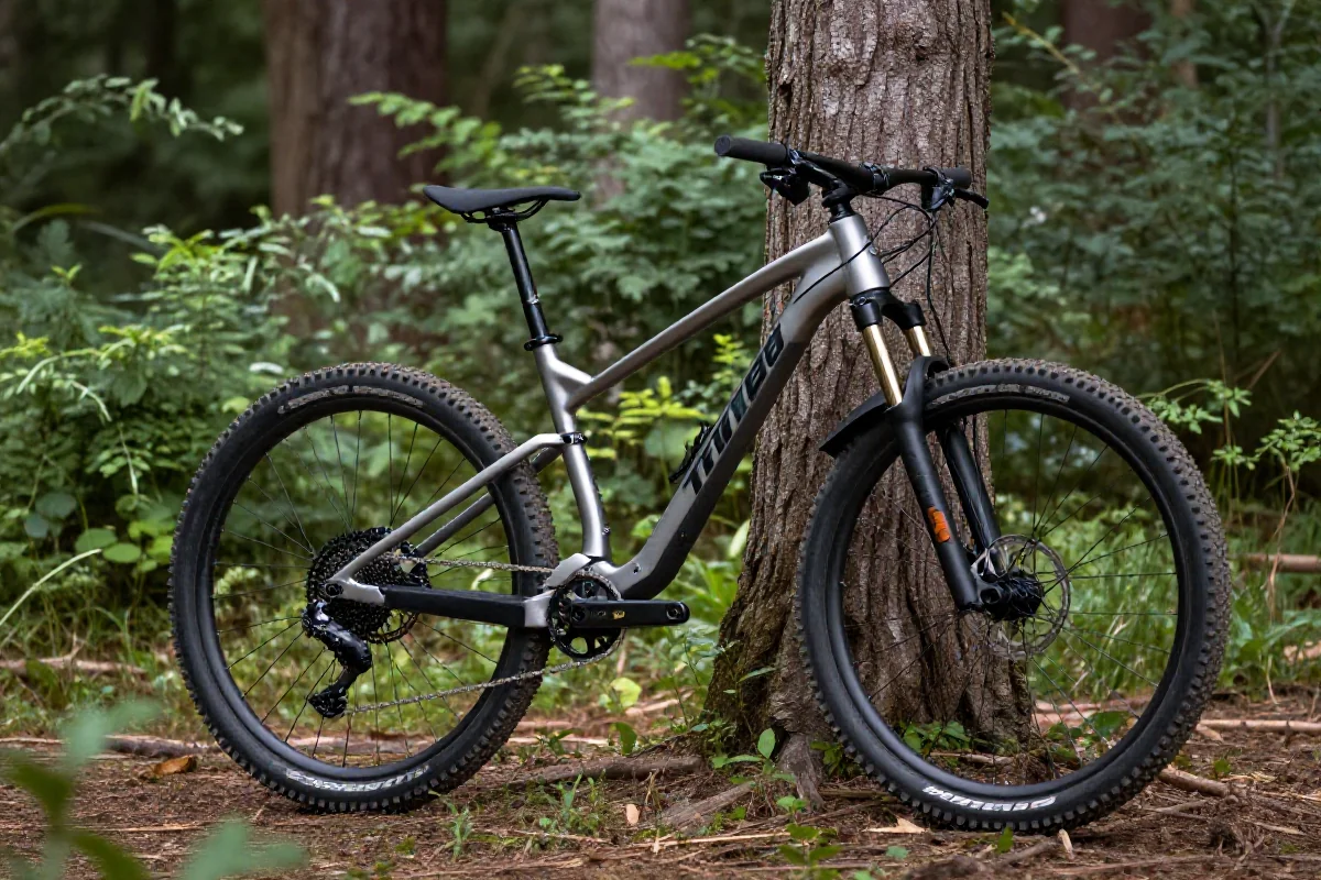Nowoczesny rower górski w lesie, idealny do leasingu rowerowego.