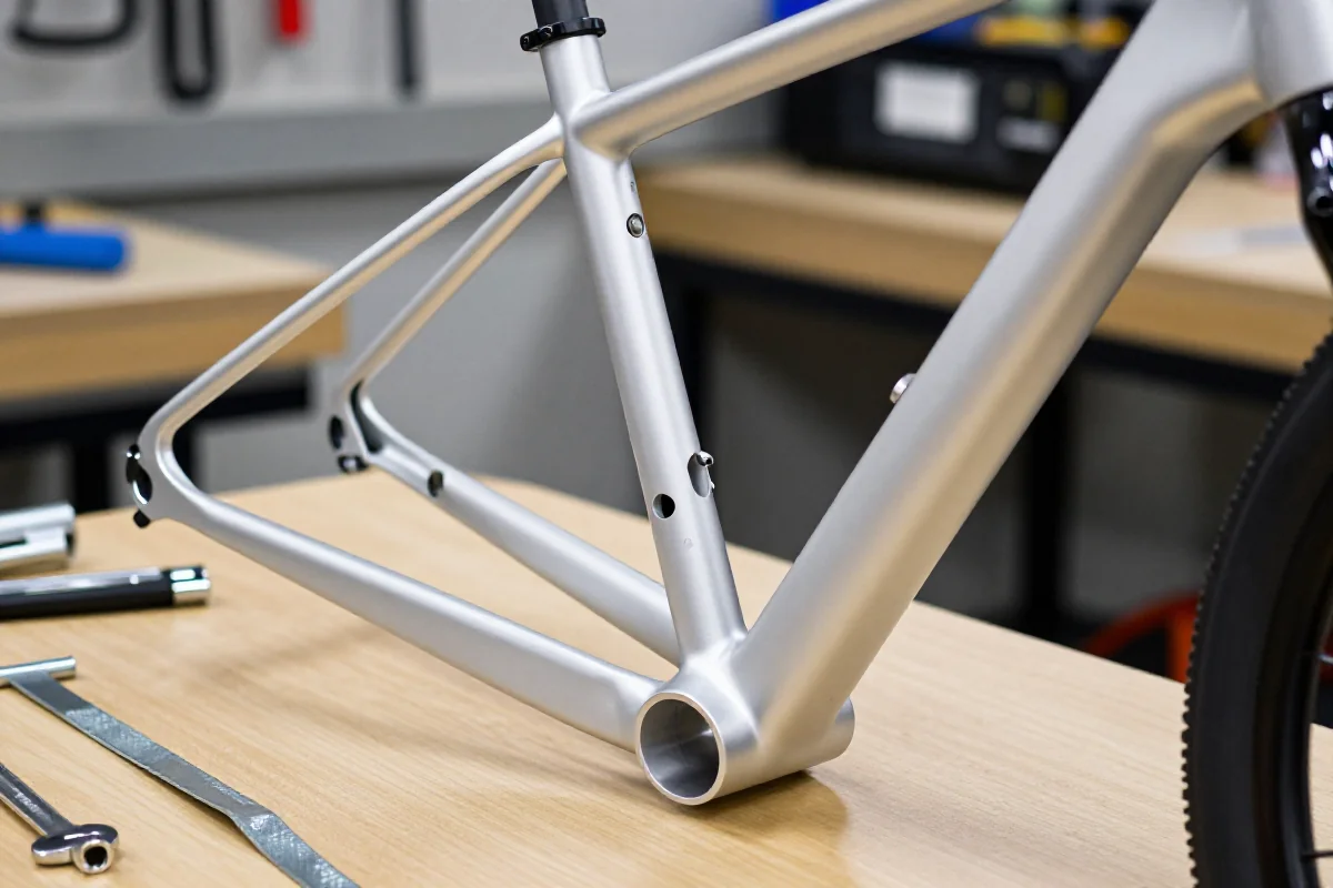 Zbliżenie na nowoczesną ramę rowerową bez mocowań do bagażnika.