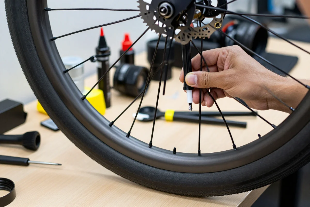 Zbliżenie na koło rowerowe z oponą Tubeless i wentylkiem Presta.
