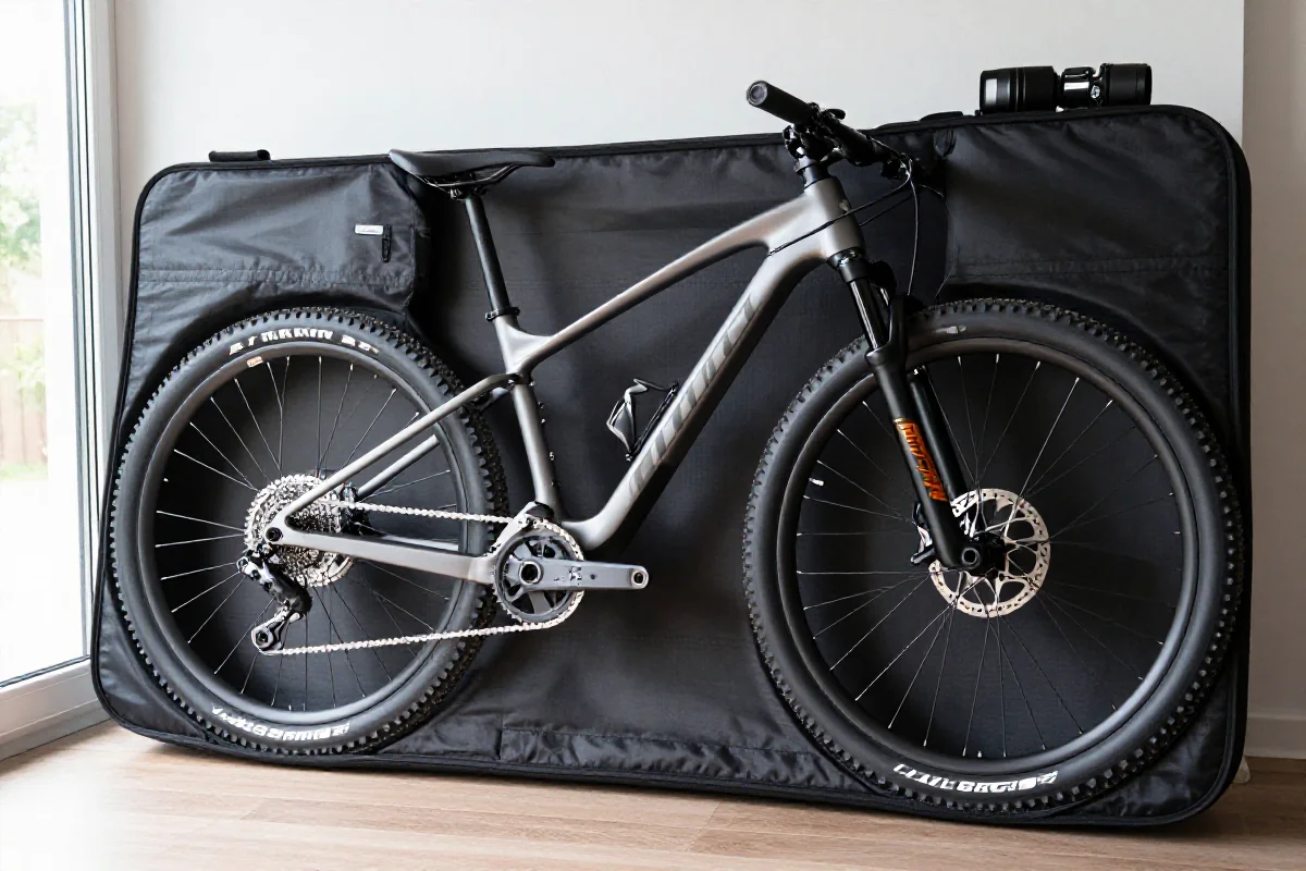 Rower górski zapakowany w pokrowiec, zabezpieczający podczas transportu.
