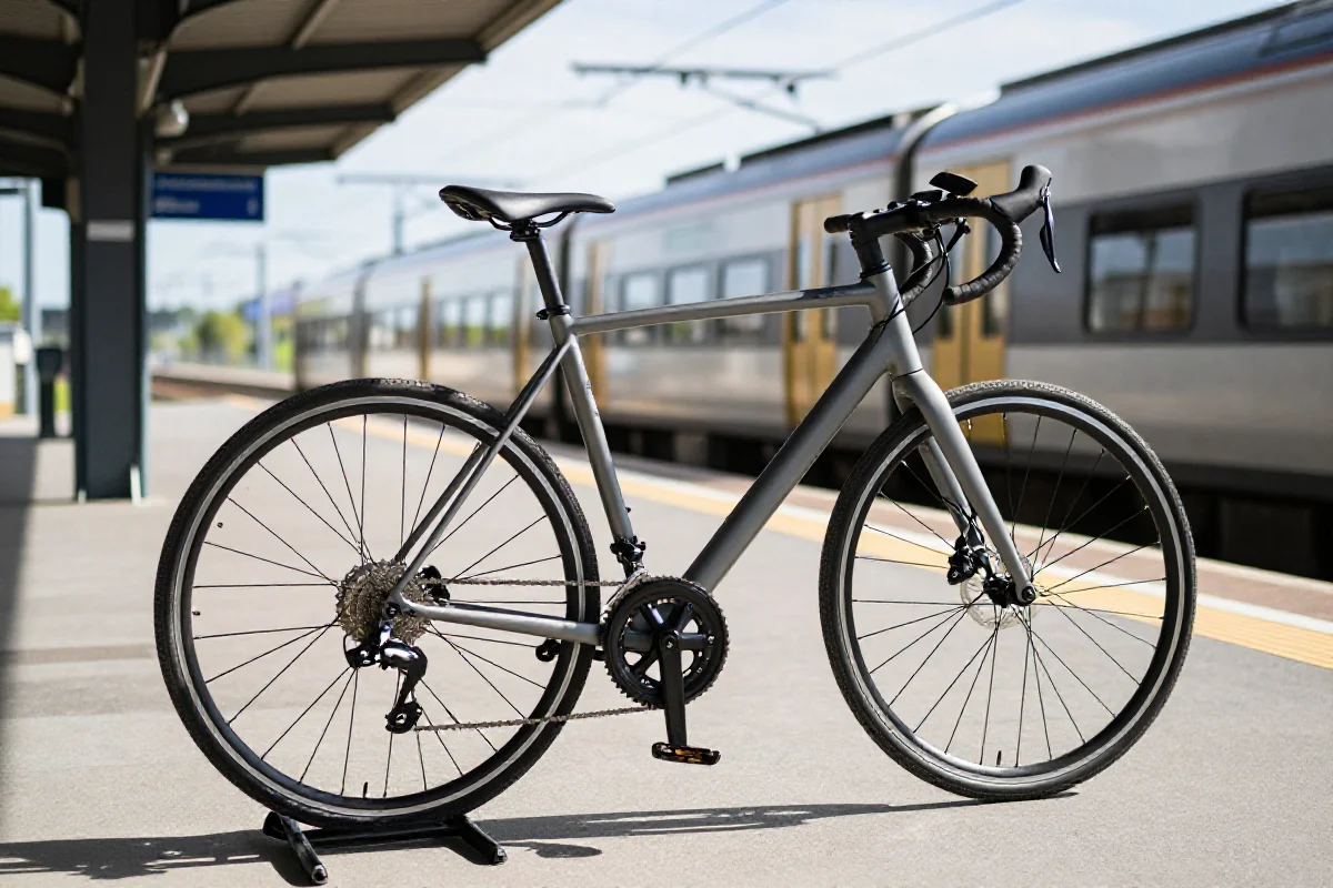 Nowoczesny rower miejski przy stacji kolejowej, idealny do transportu multimodalnego.