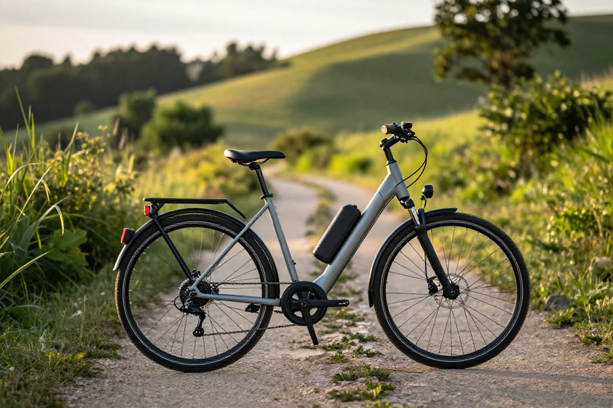 Rower elektryczny na malowniczej trasie, idealny do planowania wycieczki.