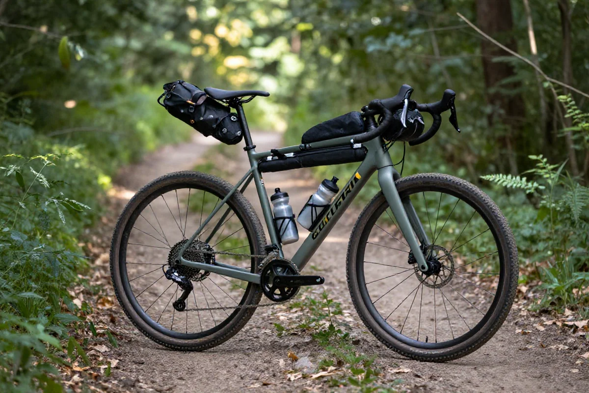 Rower gravelowy z akcesoriami bikepackingowymi na leśnej ścieżce