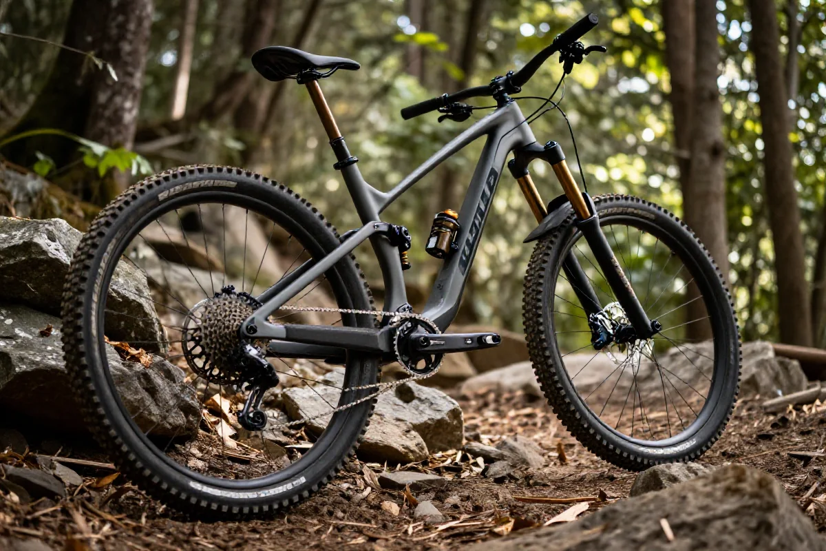 Rama roweru górskiego na szlaku w lesie, techniczne detale i otoczenie.