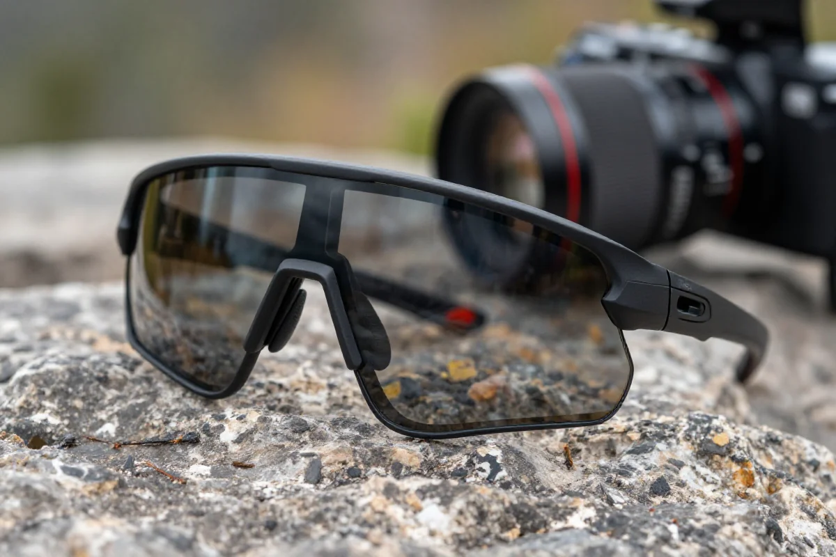 Okulary sportowe MTB z powłoką antyfog na tle naturalnym.