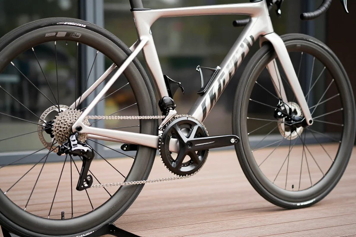 Zdjęcie bliskie roweru szosowego z detalami technicznymi, rejestracja rowerów.