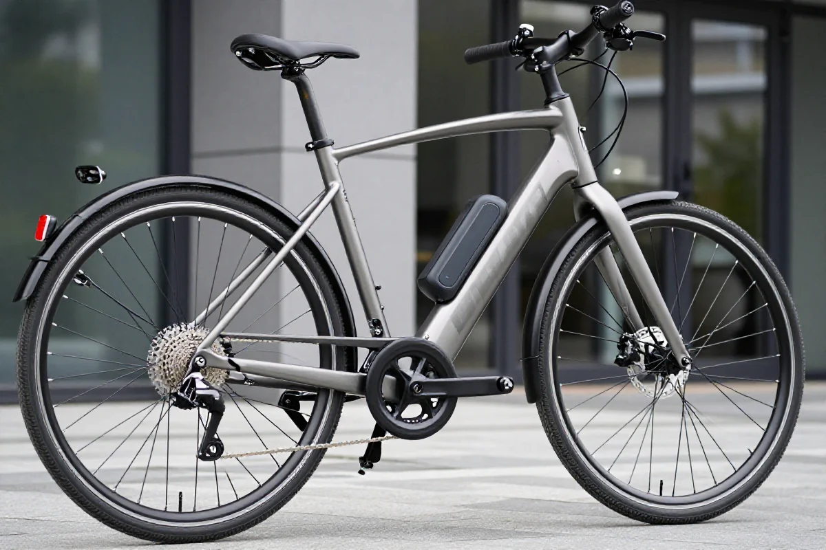 S-pedelec w mieście, zbliżenie na szczegóły roweru elektrycznego.