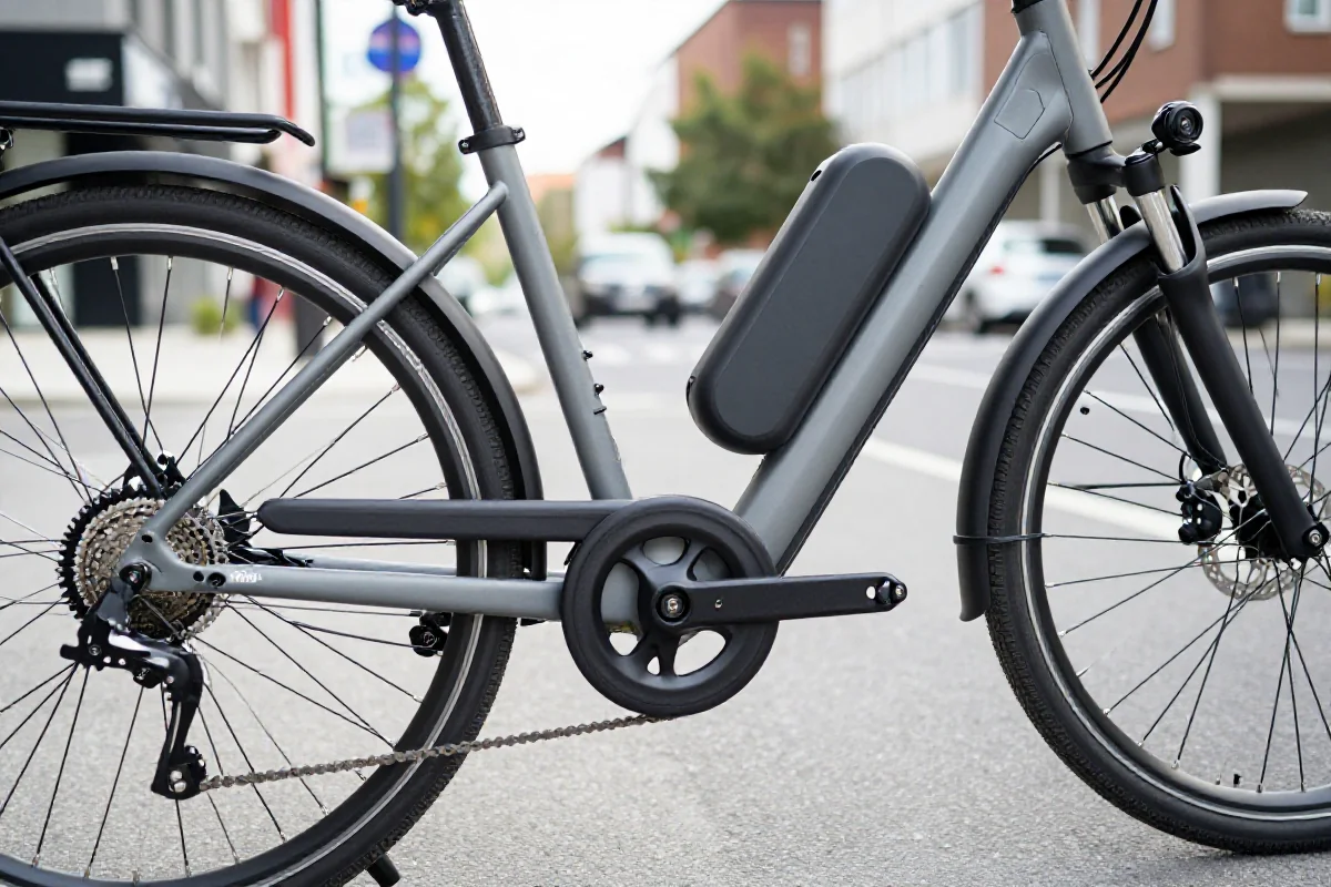 Szczegóły elektrycznego roweru e-bike na miejskiej ulicy.