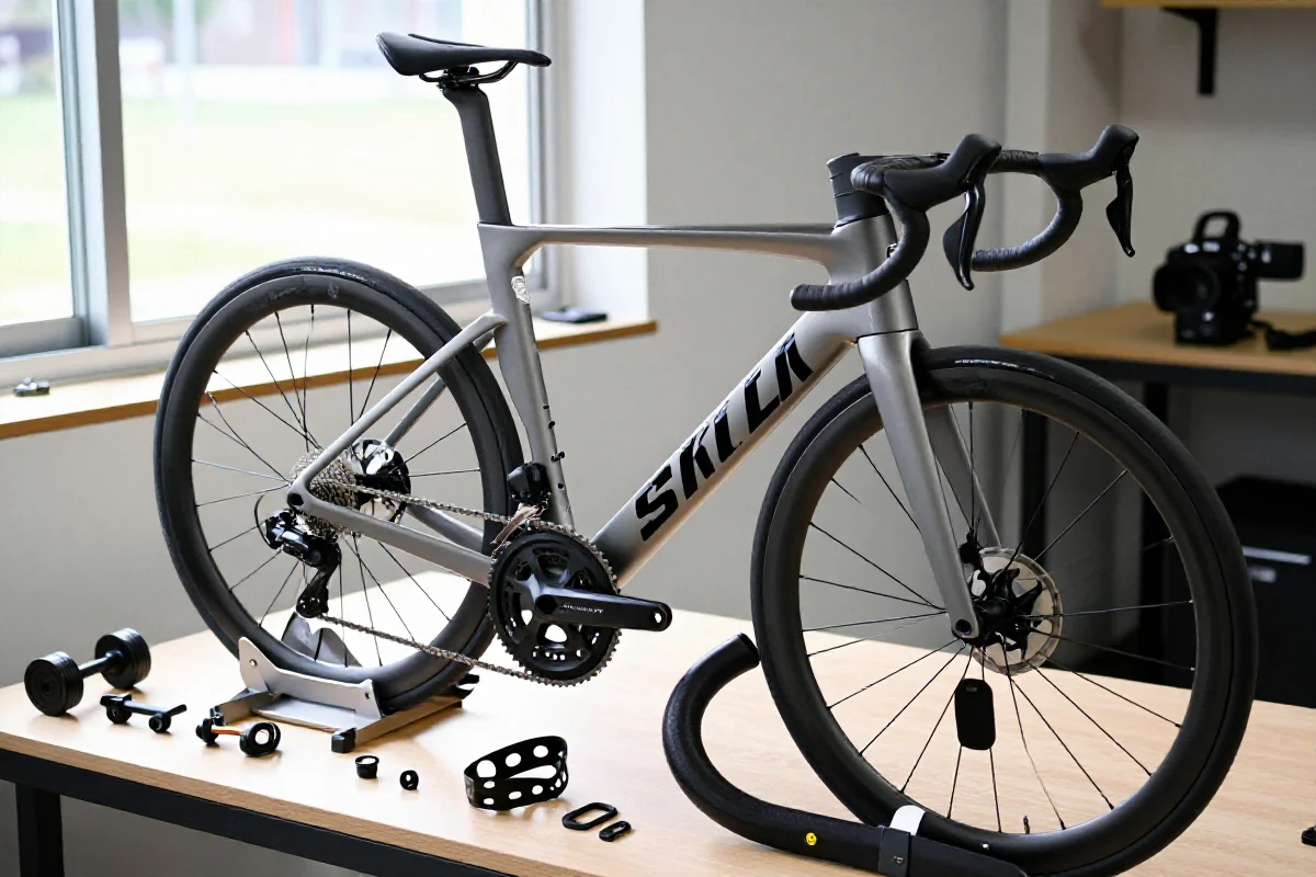 Custom rower szosowy w trakcie składania, pokazujące detale i komponenty.