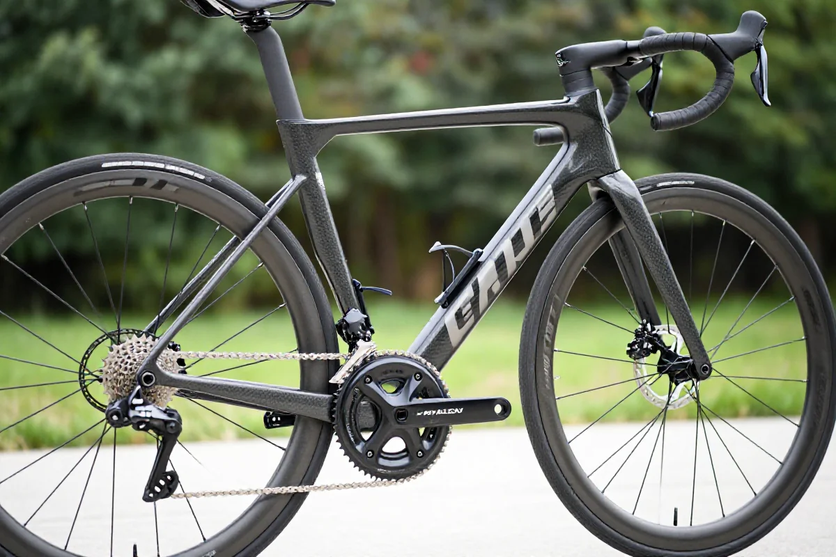 Nowoczesny rower szosowy z aerodynamiczną ramą i zaawansowanymi komponentami