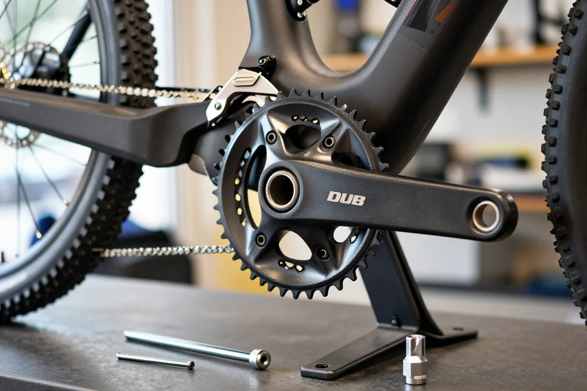 Zbliżenie na korbę MTB z systemem DUB, narzędzia do demontażu.