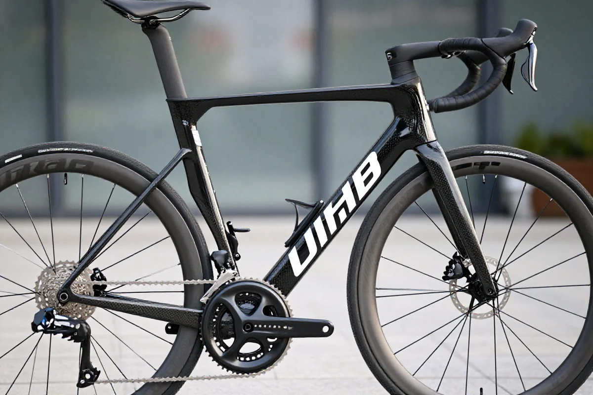 Szczegółowy widok na ramę roweru szosowego z włókna węglowego.