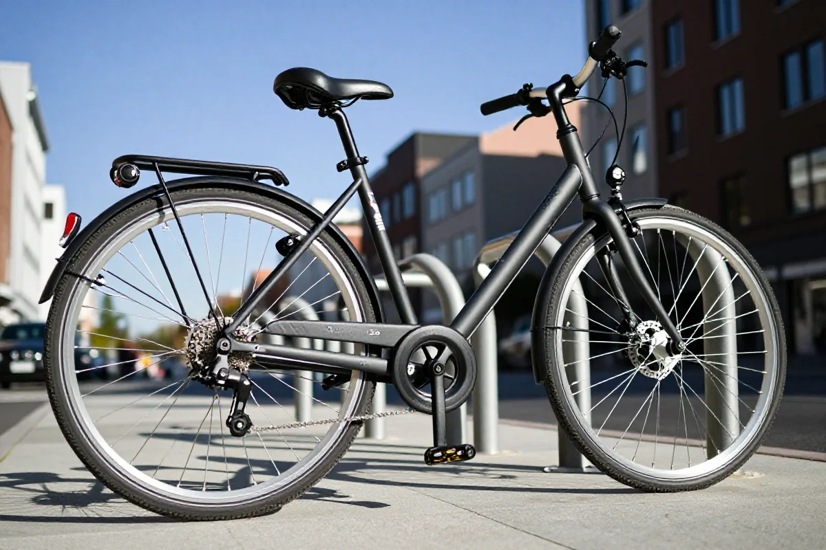 Zamknięty rower miejski przy stacji rowerowej w miejskim otoczeniu.