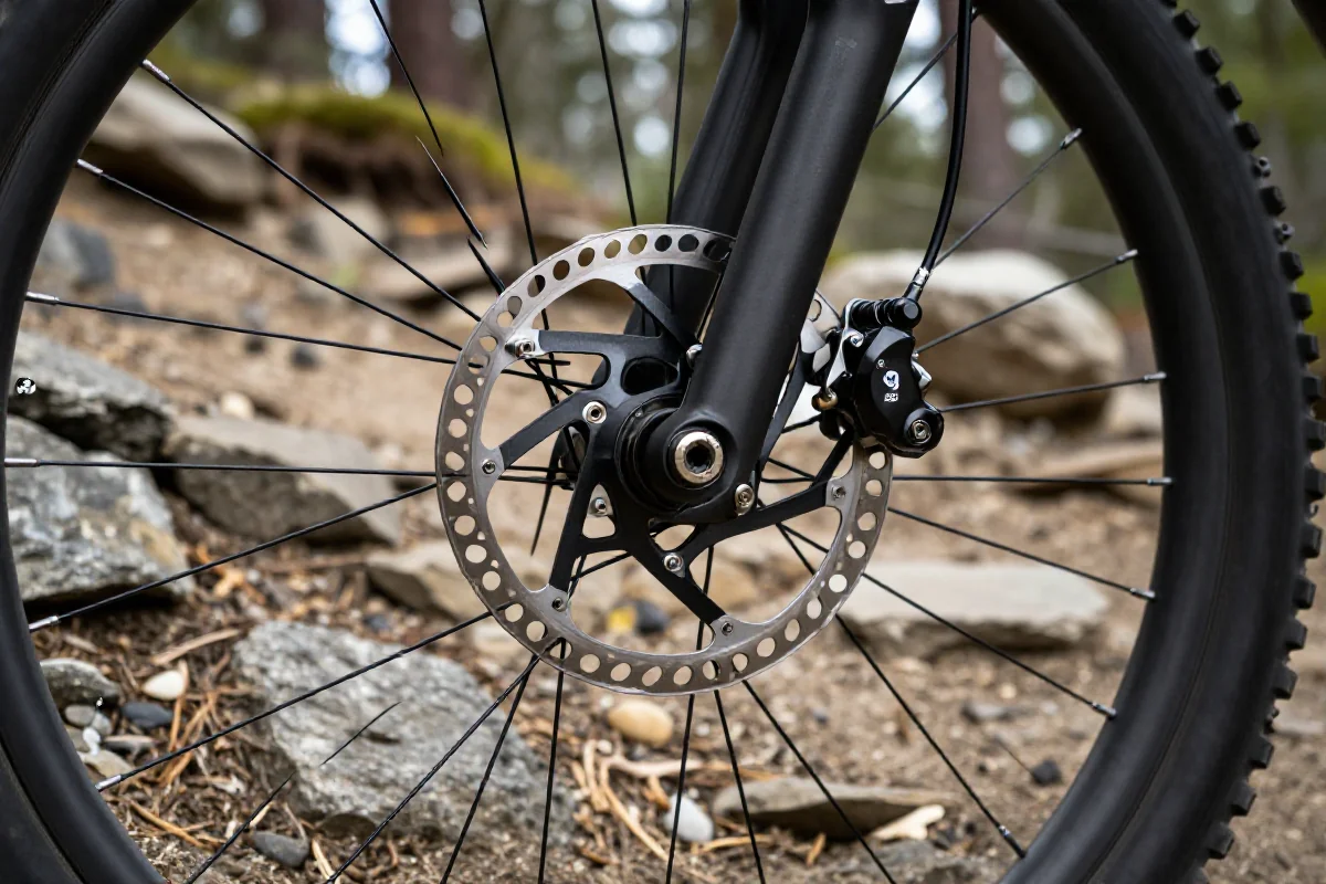 Hydrauliczne hamulce tarczowe roweru górskiego na technicznym zjeździe