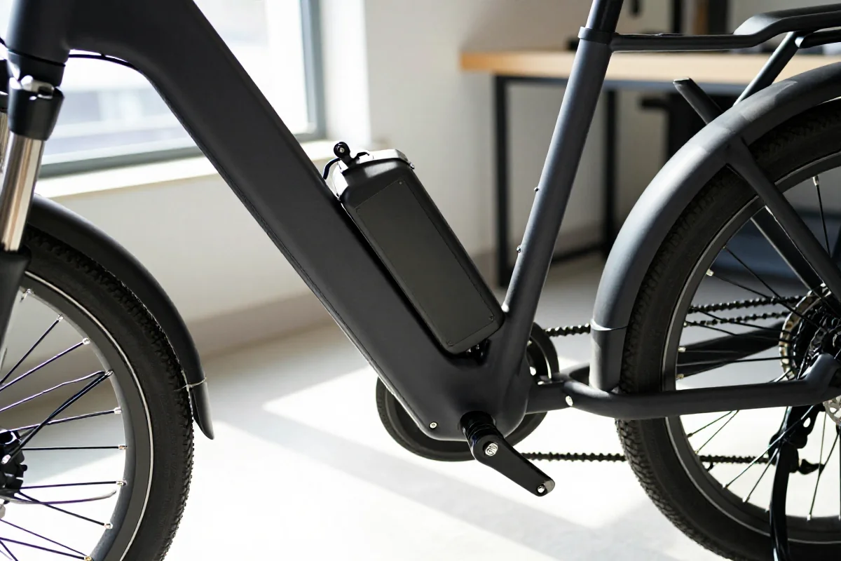 Szczegóły elektrycznego roweru, w tym bateria i silnik, w warsztacie.