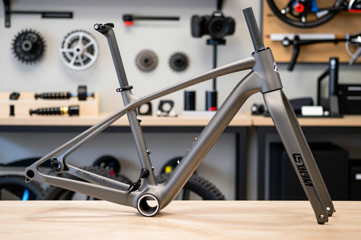 Rama roweru górskiego w warsztacie, pokazująca geometrię i materiały.