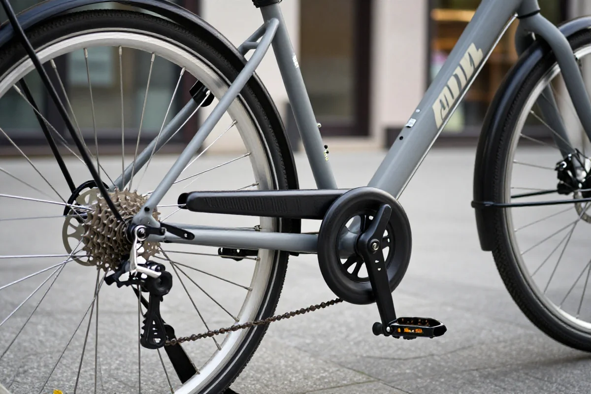 Rower miejski z widocznymi detalami, zapięcie i akcesoria zabezpieczające