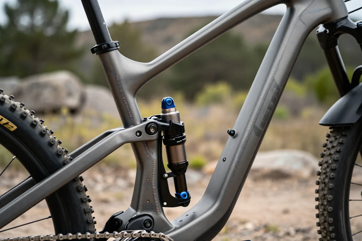 Szczegółowy widok ramy roweru górskiego w terenie, idealny do MTB.